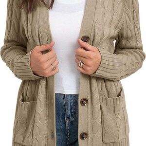 Women's Long Sleeve Loose Knit Cable Open Front Button Down Cardigan Sweater Out